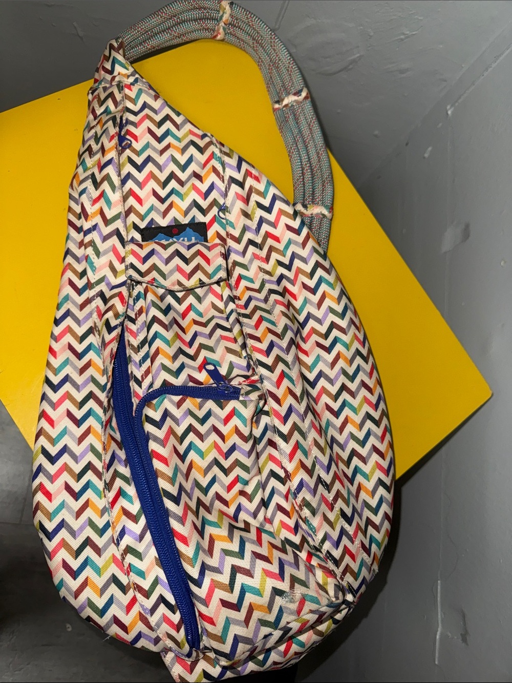 Kavu Multicolor Chevron Sling Crossbody Bag with Blue Zipper